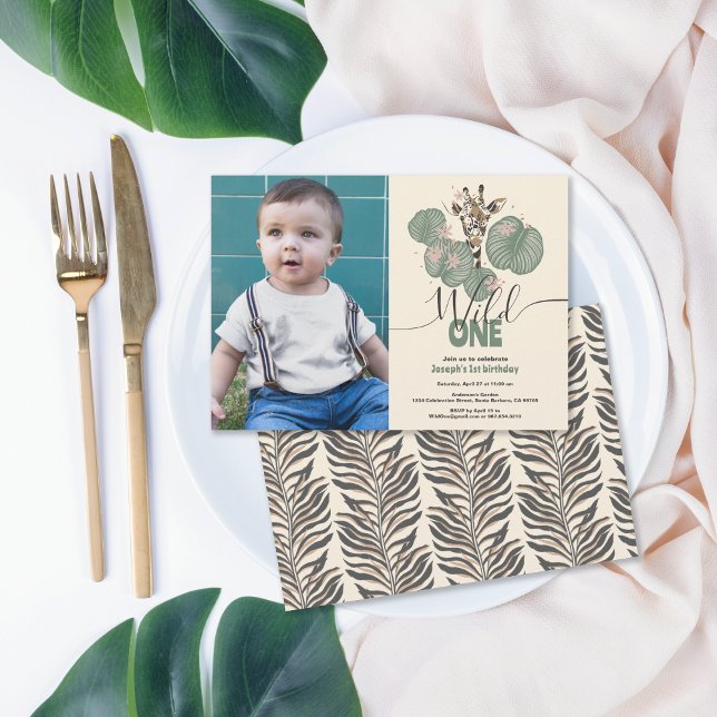 Wild One Cute Photo Safari Giraffe Birthday Party Invitation (Creator Uploaded)