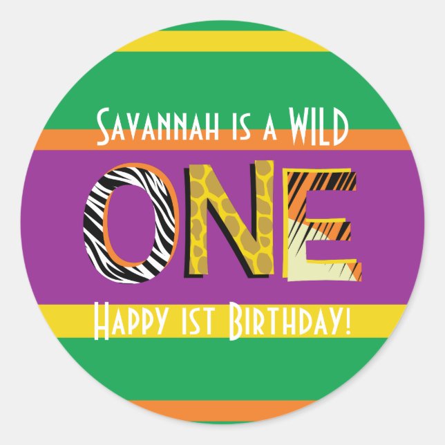 Wild One Cute Safari 1st Birthday Party Kids Classic Round Sticker (Front)