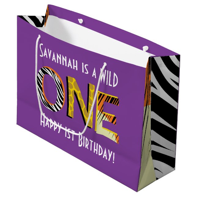 Wild One Cute Safari 1st Birthday Party Theme Large Gift Bag (Front Angled)