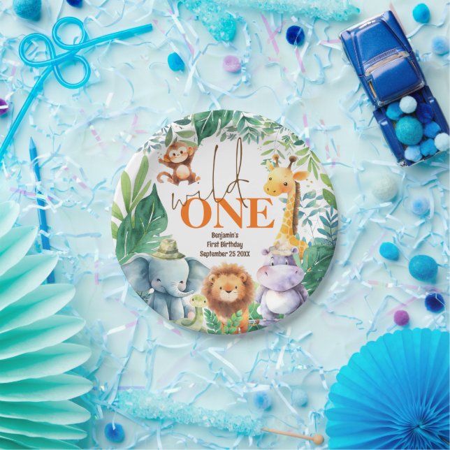 Wild One Cute Safari Animals 1st Birthday Party Paper Plate (Party)