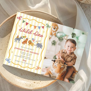 Wild One Cute Safari Animals 1st Birthday Photo Invitation