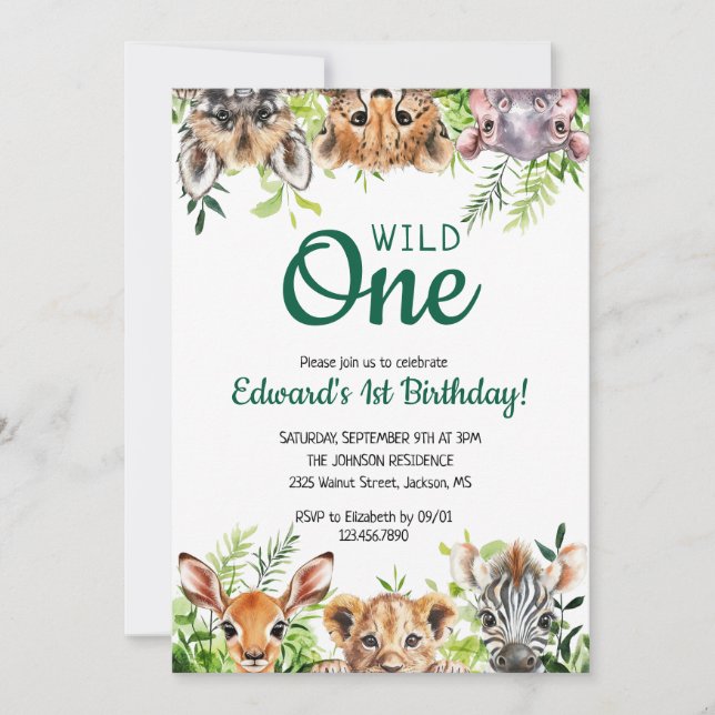 Wild One Cute Safari Animals First Birthday Invitation (Front)