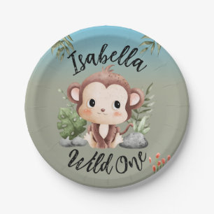 Wild One Cute Safari Animals Monkey 1st Birthday Paper Plate