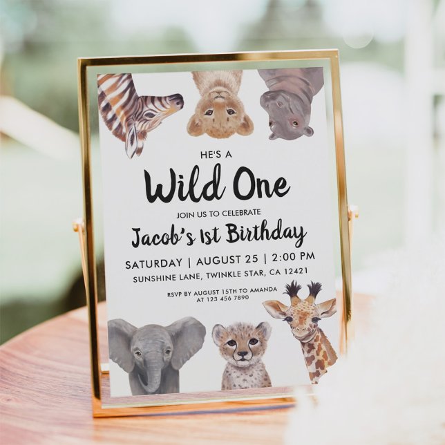  Wild One Cute Safari Baby Animals 1st Birthday Invitation (Creator Uploaded)