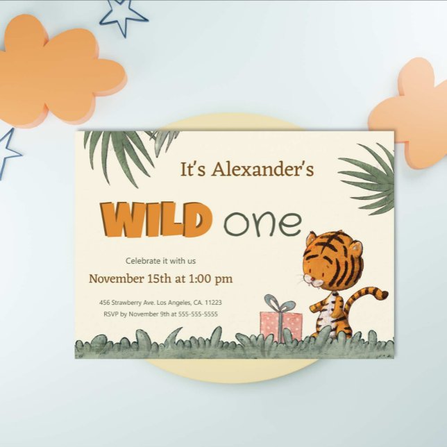 Wild One Cute Tiger Jungle First Birthday Invitation (Creator Uploaded)