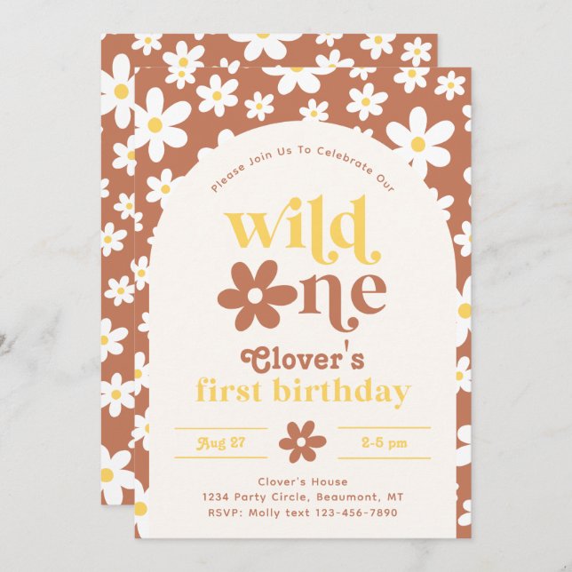 Wild One Daisy Birthday Invitation | First (Front/Back)