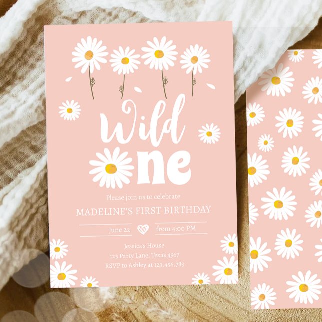 Wild One Daisy Boho Retro Pink Girl First Birthday Invitation (Creator Uploaded)