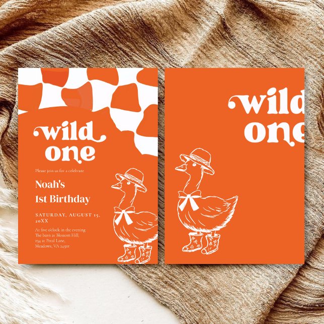Wild One Dapper Duck 1st Birthday- orange retro Invitation (Creator Uploaded)