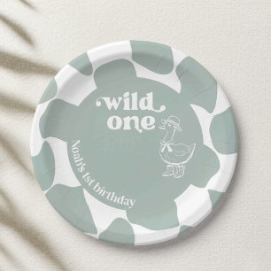 Wild One Dapper Duck 1st Birthday Sage Green Check Paper Plate
