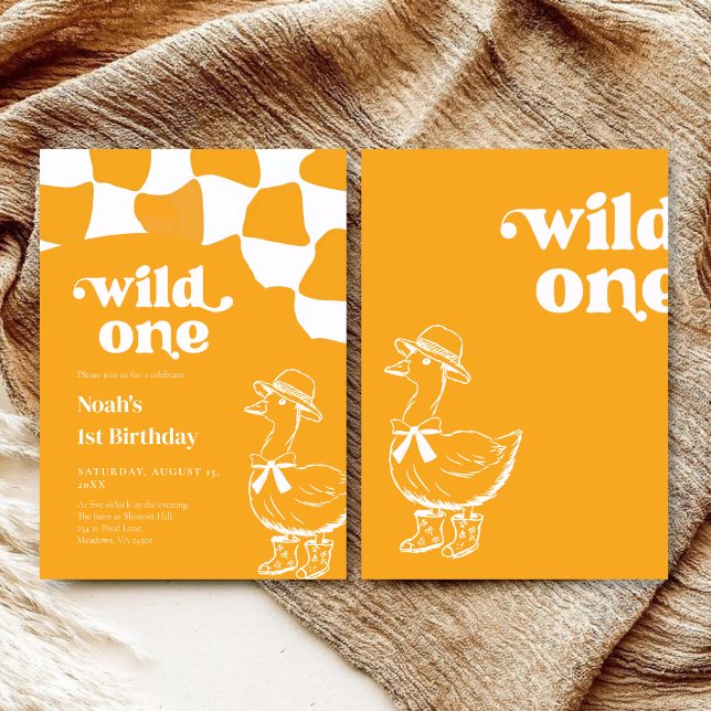 Wild One Dapper Duck 1st Birthday- yellow retro Invitation (Creator Uploaded)