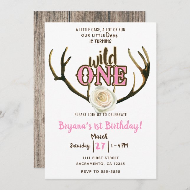 Wild One Deer Antlers Rose Pink 1st Birthday Party Invitation (Front/Back)