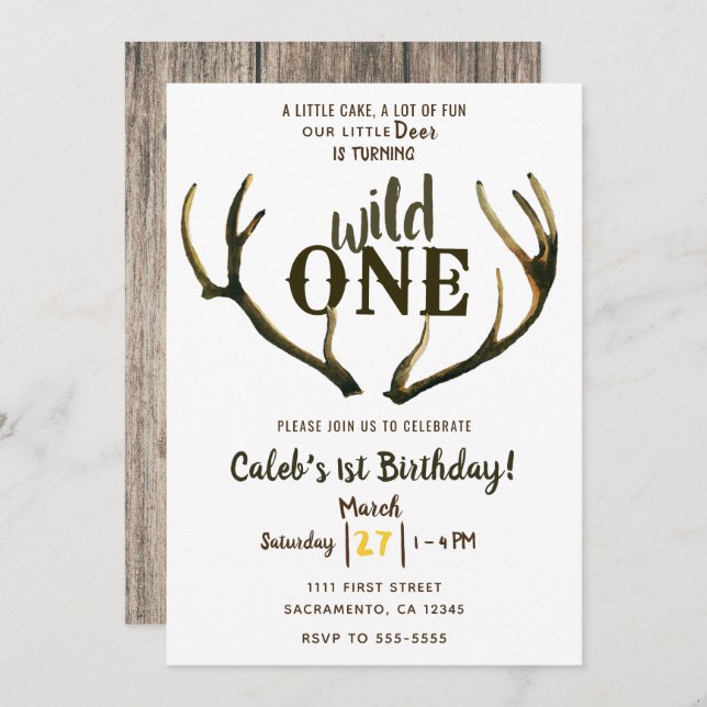 Wild One Deer Antlers Rustic 1st Birthday Party Invitation (Front/Back)