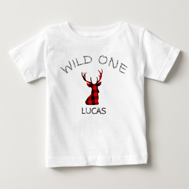 Wild One Deer Antlers Woodland Lumberjack Birthday Baby T-Shirt (Front)