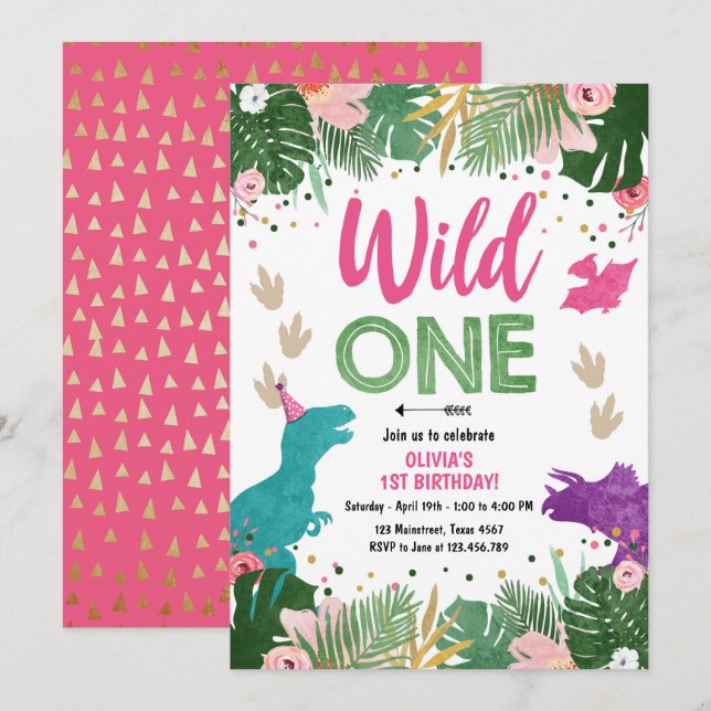 Wild One Dino Party Girl Pink Dinosaur Birthday Invitation (Front/Back)
