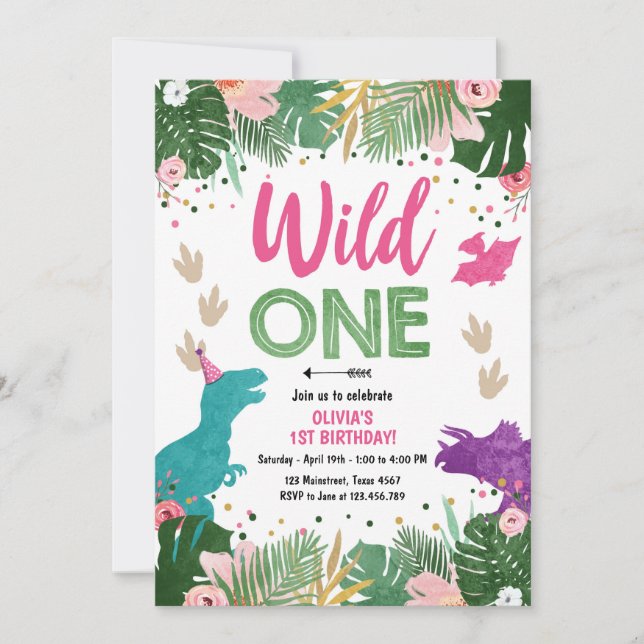 Wild One Dino Party Girl Pink Dinosaur Birthday Invitation (Front)