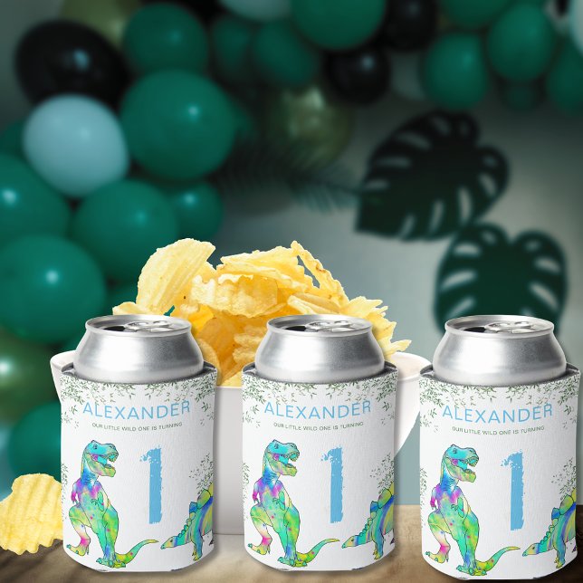 Wild One Dinosaur 1st Birthday Party Can Cooler (Wild one dinosaur birthday party custom can coolers colorful watercolor T-Rex stegosaurus dino )