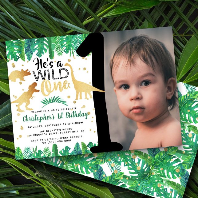 Wild One Dinosaur Boys 1st Birthday Photo Invitation (Creator Uploaded)