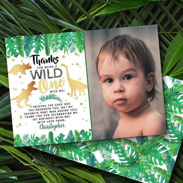Wild One Dinosaur Boys First Birthday Photo Thank You Card (Creator Uploaded)