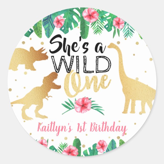 Wild One Dinosaur Girls 1st Birthday Classic Round Sticker (Front)