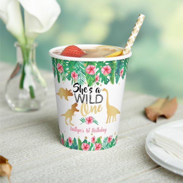 Wild One Dinosaur Girls 1st Birthday Paper Cups (Insitu)