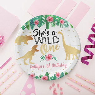 Wild One Dinosaur Girls 1st Birthday Paper Plate