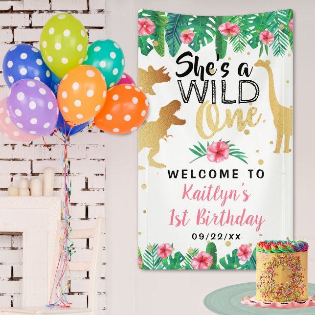 Wild One Dinosaur Girls 1st Birthday Welcome Banner (Creator Uploaded)