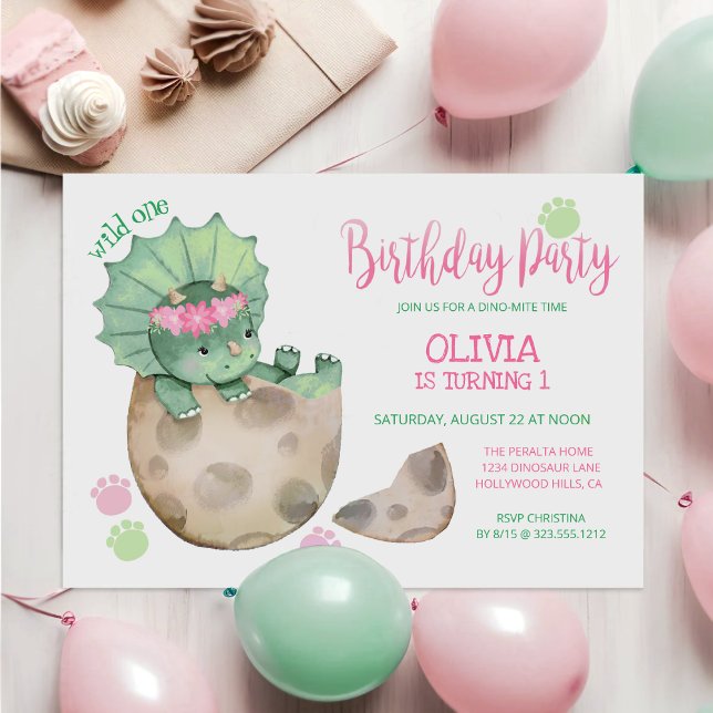 Wild One Dinosaur Triceratops Girl's 1st Birthday Invitation (Creator Uploaded)