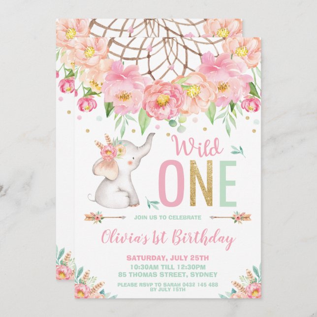 Wild One Elephant 1st Birthday Boho Pink Floral Invitation (Front/Back)
