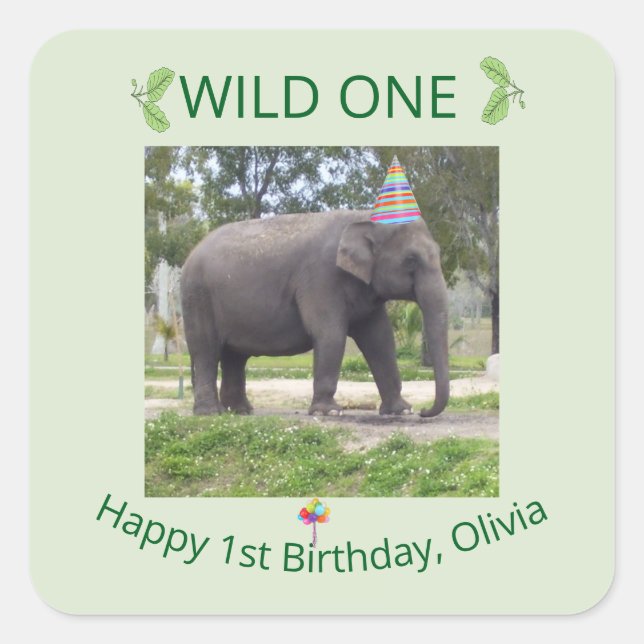 Wild One Elephant Birthday Design Square Sticker (Front)