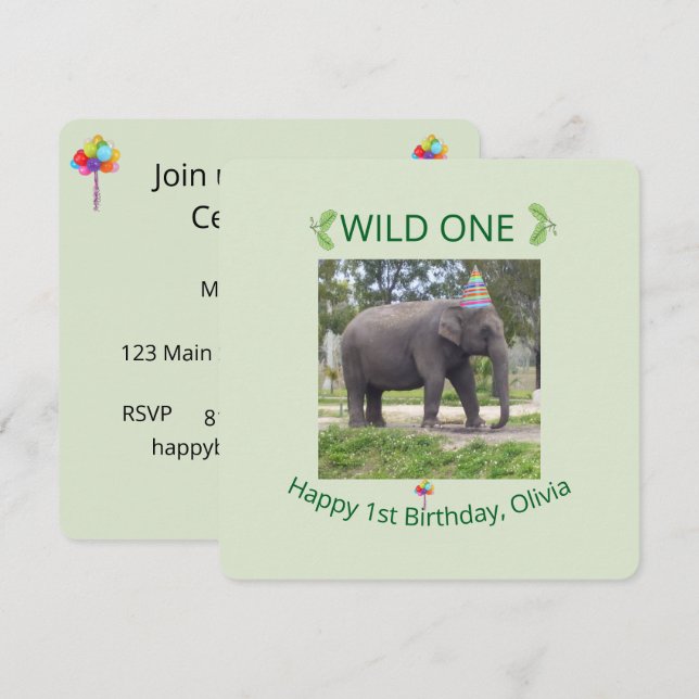 Wild One Elephant Birthday Party Invite Design (Front/Back)
