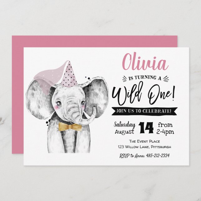 Wild One Elephant | Girl 1st Birthday invitation (Front/Back)
