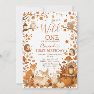 Wild One Fall Pumpkin Forest Animals 1st Birthday Invitation