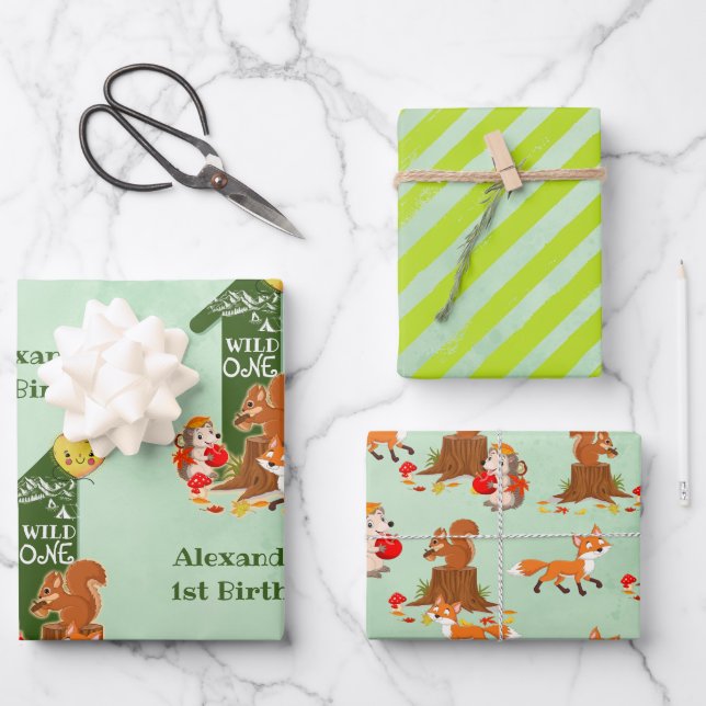 Wild ONE Fall Woodland Forest Animal Kids Birthday Wrapping Paper Sheet (Front)