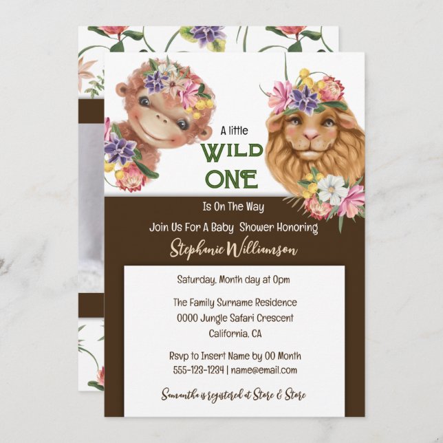 Wild one first 1st lion monkey safari baby invitation (Front/Back)