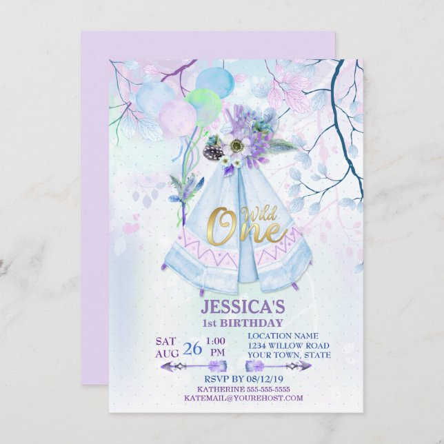 Wild One First Birthday Blue TeePee Boho Invitation (Front/Back)