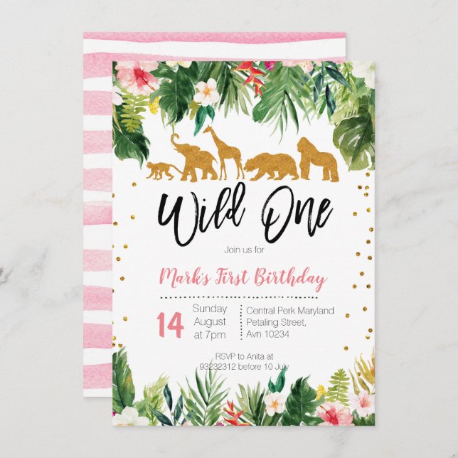 Wild One Floral Birthday Invitation Jungle Animals (Front/Back)