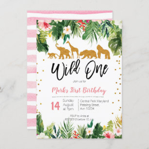Wild One Floral Birthday Invitation Jungle Animals