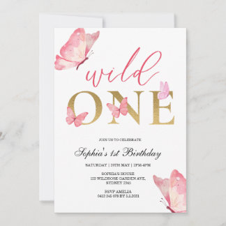 Wild One Floral Butterfly First Birthday Party Invitation