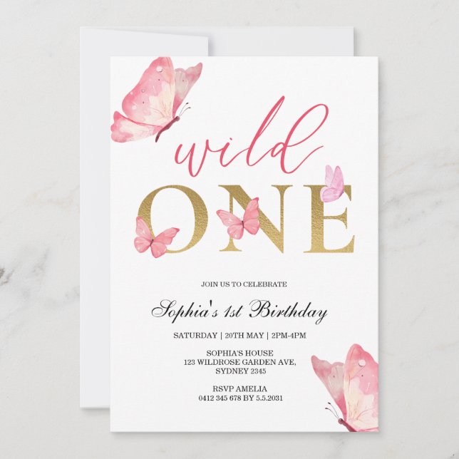 Wild One Floral Butterfly First Birthday Party  Invitation (Front)