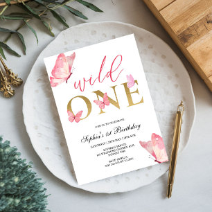 Wild One Floral Butterfly First Birthday Party  Invitation