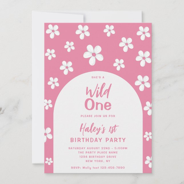 Wild One Floral Cute Baby Girl 1st Birthday Party Invitation (Front)