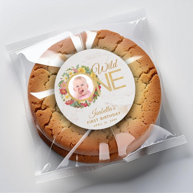 Wild One Floral Photo Rose Wreath First Birthday Classic Round Sticker (Creator Uploaded)