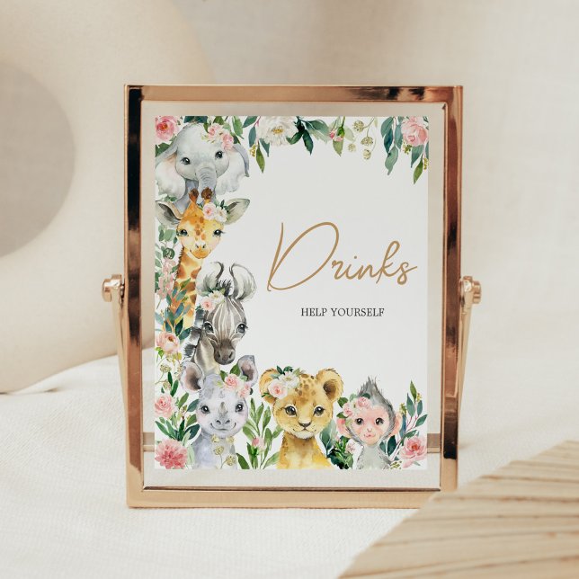 Wild One Floral Safari Baby Shower Drinks Poster (Greenery Floral Wild One Baby Shower Drinks Sign)