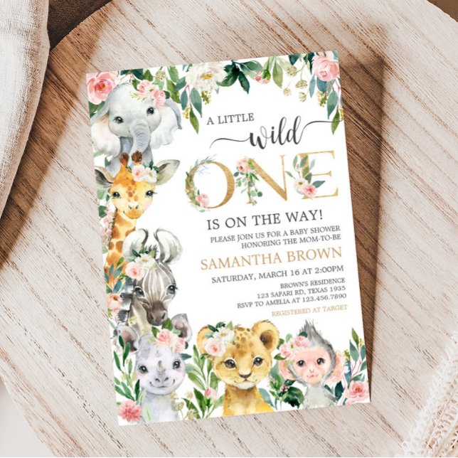 Wild One Floral Safari Baby Shower  Invitation (Greenery Floral Wild One Baby Shower Invitation)
