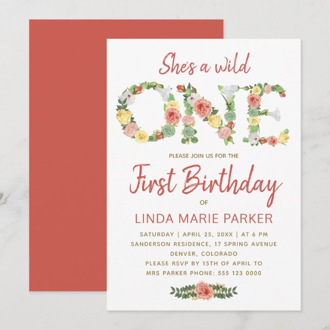 Wild ONE floral typography girl 1st birthday party Invitation (Front/Back)
