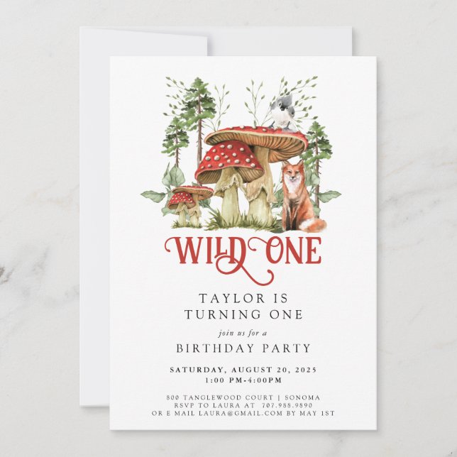 Wild One Forest Animals Mushrooms 1st Birthday Invitation (Front)