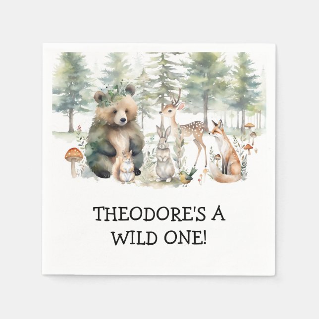 Wild One Forest Bear Deer Woodland Birthday Party Napkin (Front)