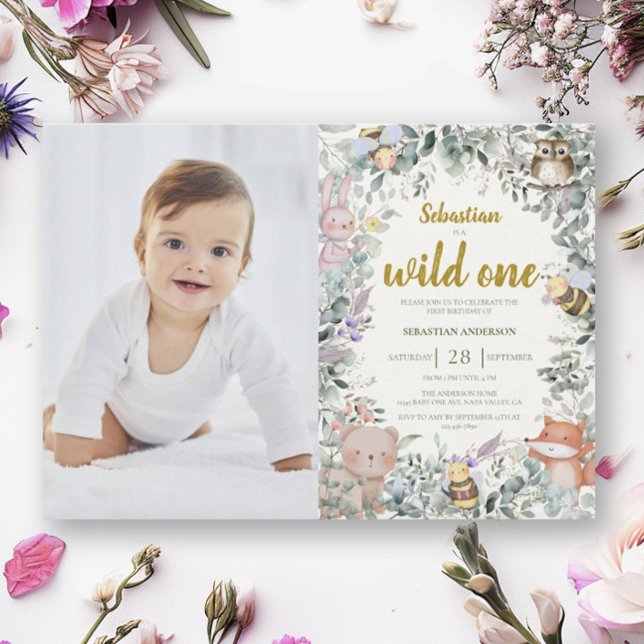 Wild One Forest Cute Animals Boho Boy 1st Birthday Invitation (Creator Uploaded)