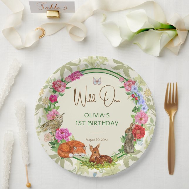 Wild One Forest Friends Floral Birthday Paper Plate (Wedding)