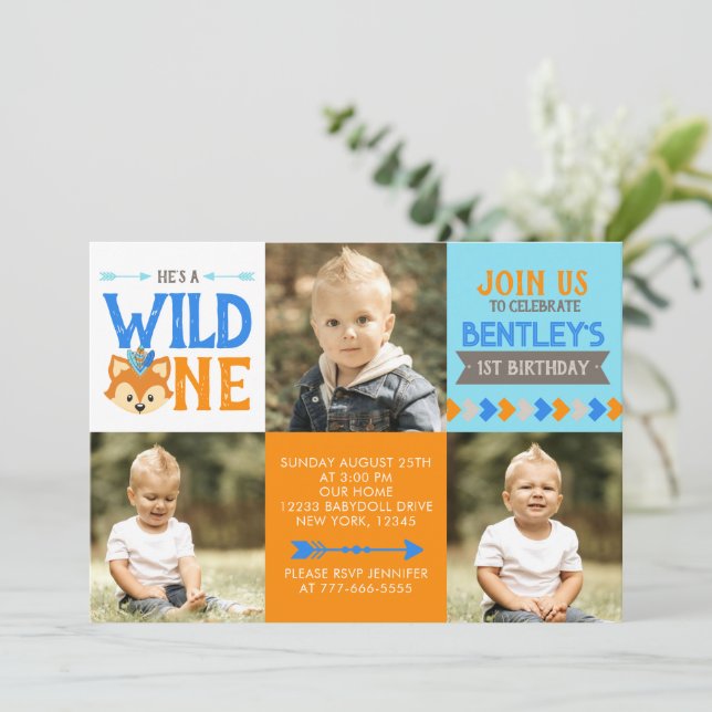 Wild One Fox 3 Photo First Birthday Invitation (Standing Front)